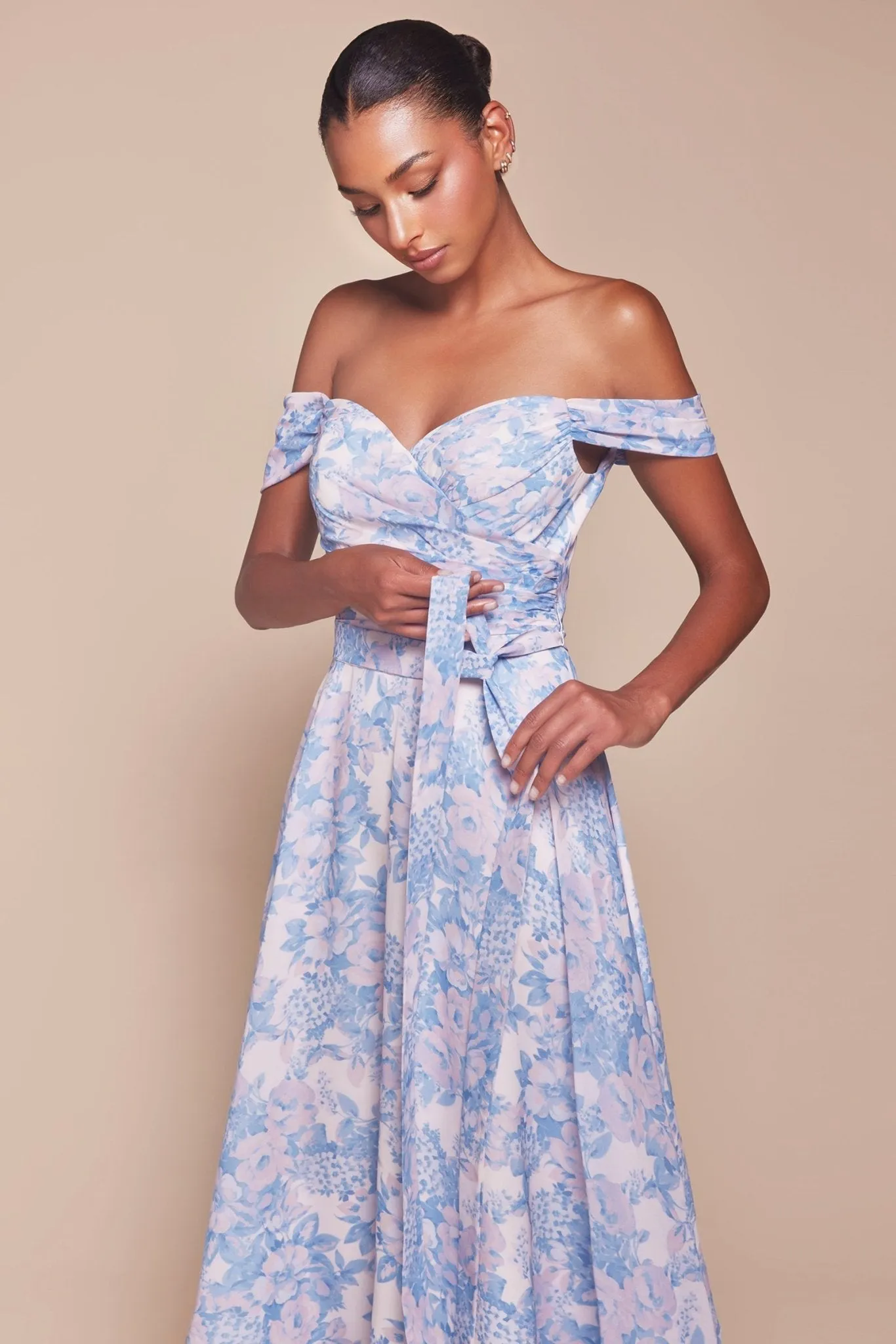 JELENA Off The Shoulder Floral Printed A-Line Bridesmaid Dress