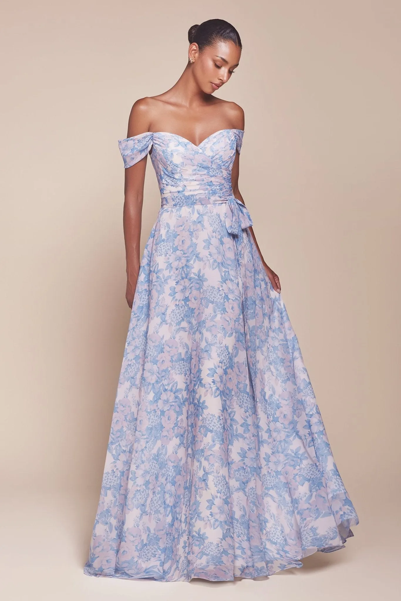 JELENA Off The Shoulder Floral Printed A-Line Bridesmaid Dress