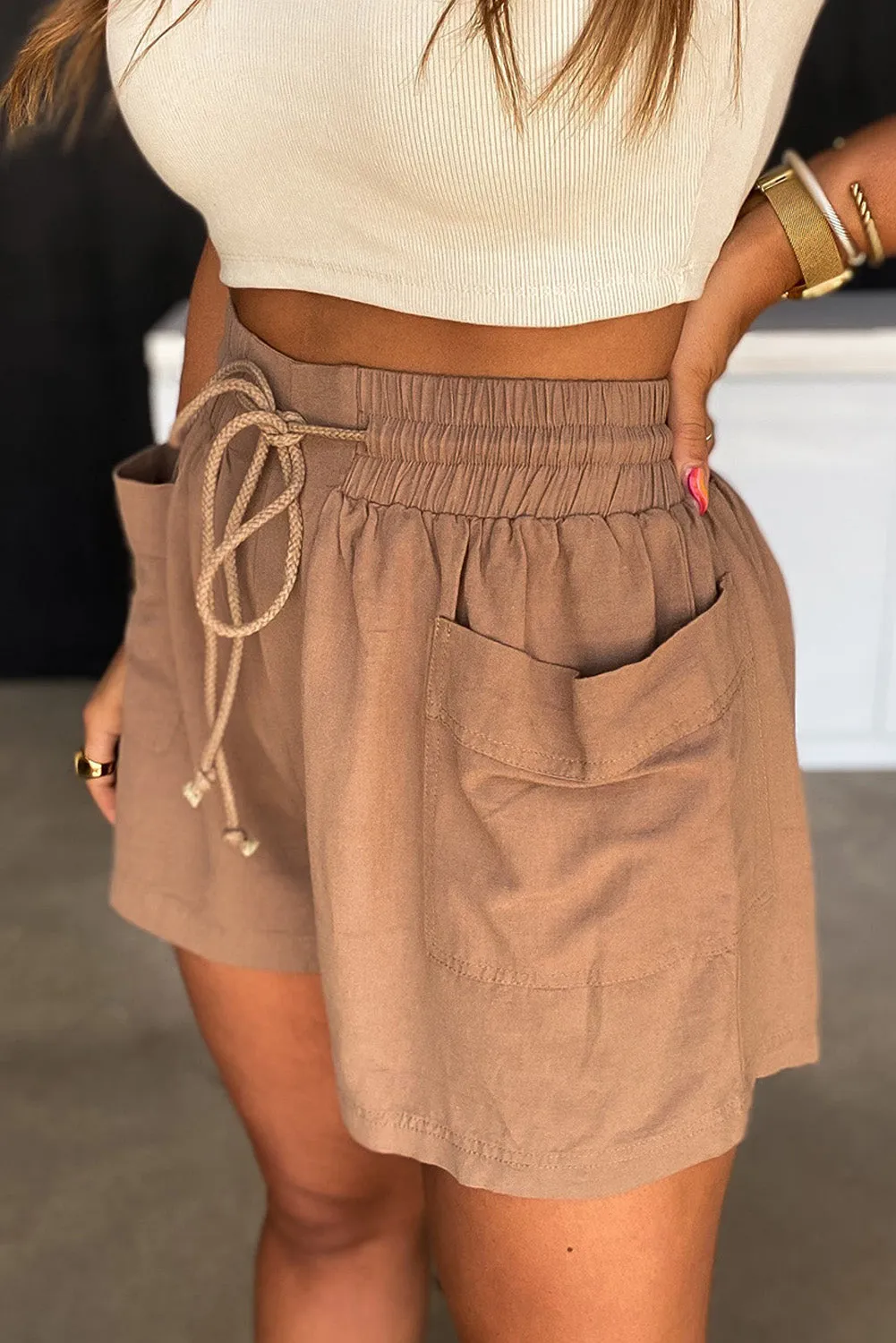 Khaki casual shorts with pockets and drawstring, boho shorts