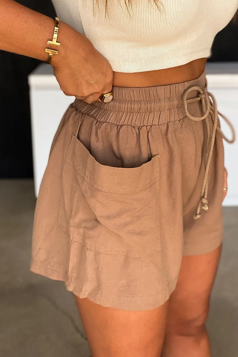 Khaki casual shorts with pockets and drawstring, boho shorts