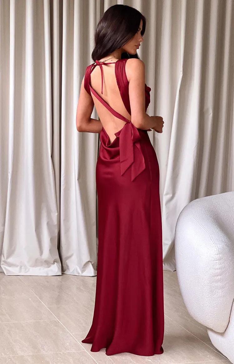 Laria Wine Satin Formal Maxi Dress