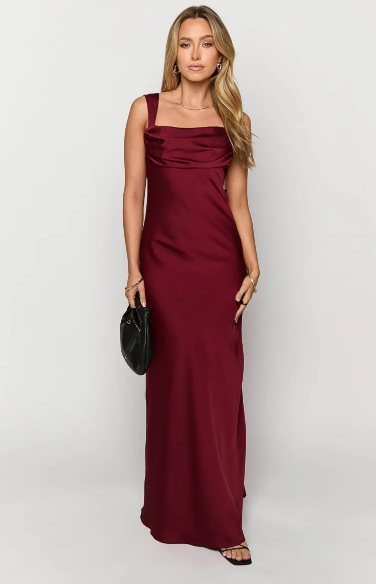 Laria Wine Satin Formal Maxi Dress