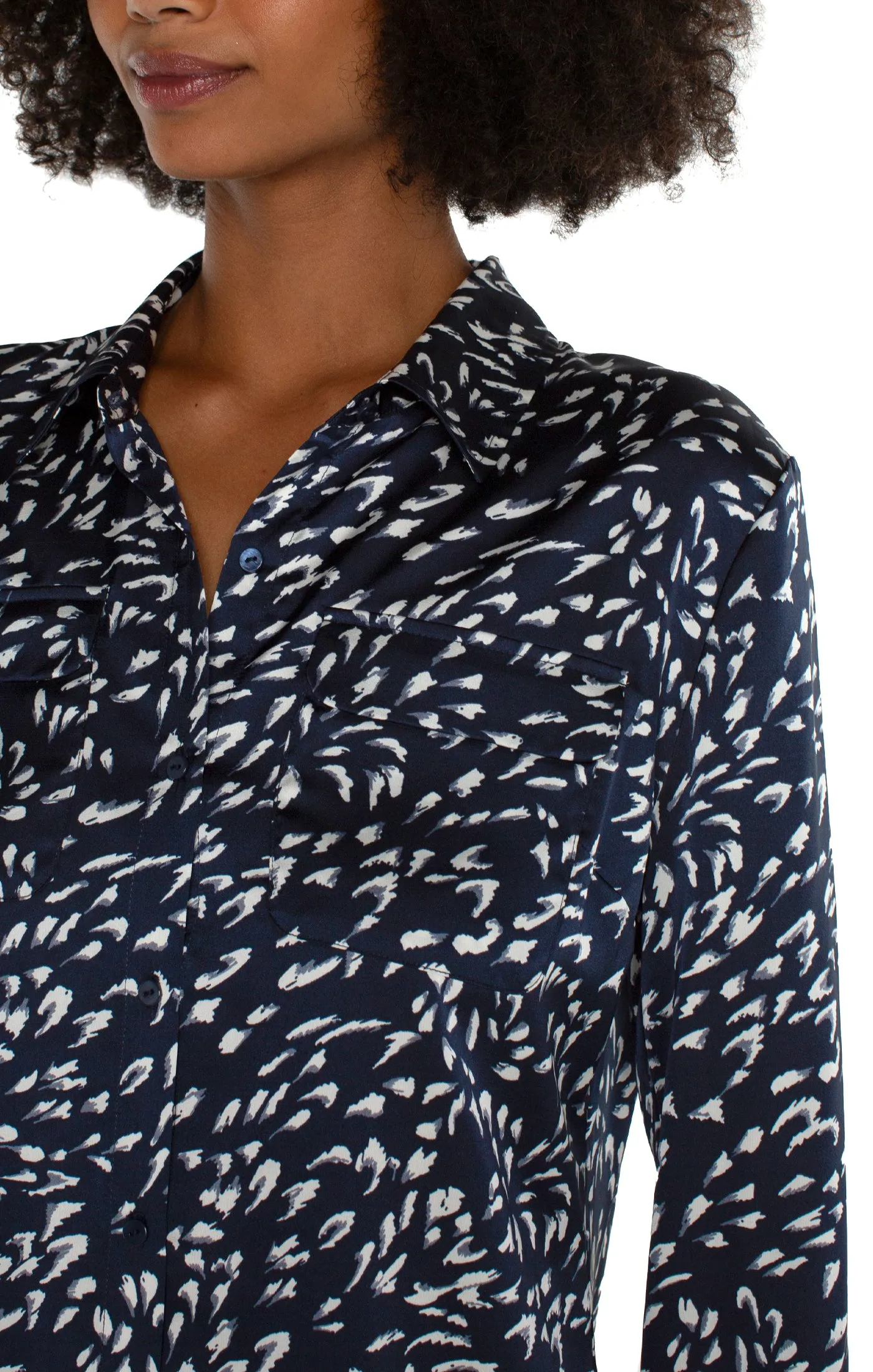 Liverpool Flap Pocket Button Front Woven Blouse (Navy Multi)