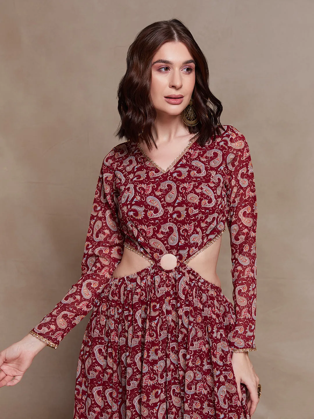 Magnificent Maroon Paisley Printed Cutout Maxi Dress