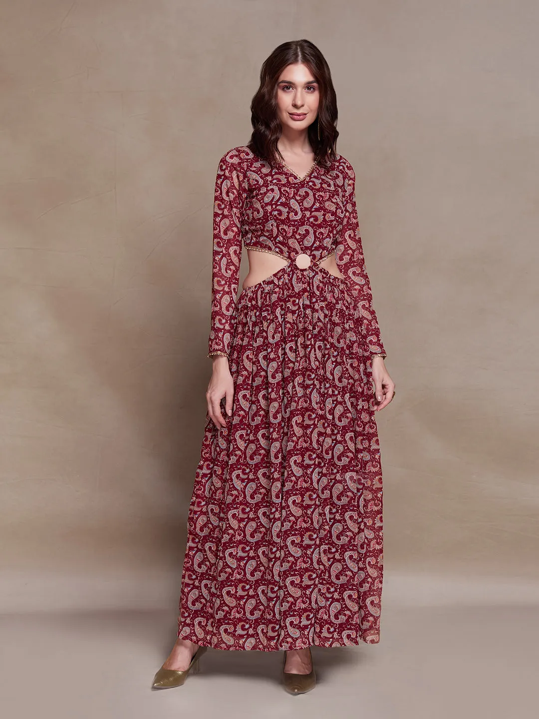 Magnificent Maroon Paisley Printed Cutout Maxi Dress