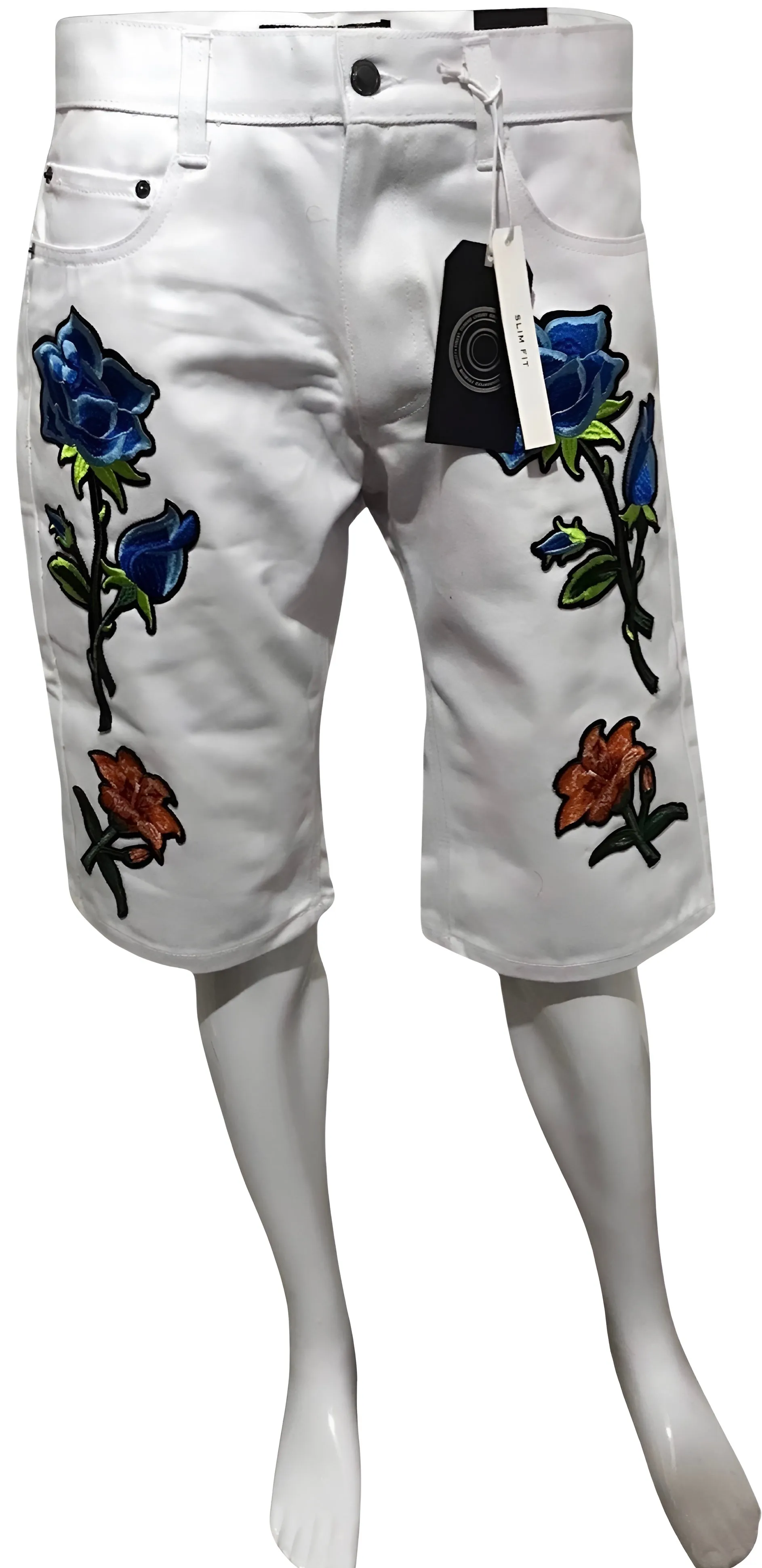 ^MAXI MILIAN^ (WHITE) ~FLORAL~ DENIM SHORTS (SLIM FIT) (EMBROIDERED)