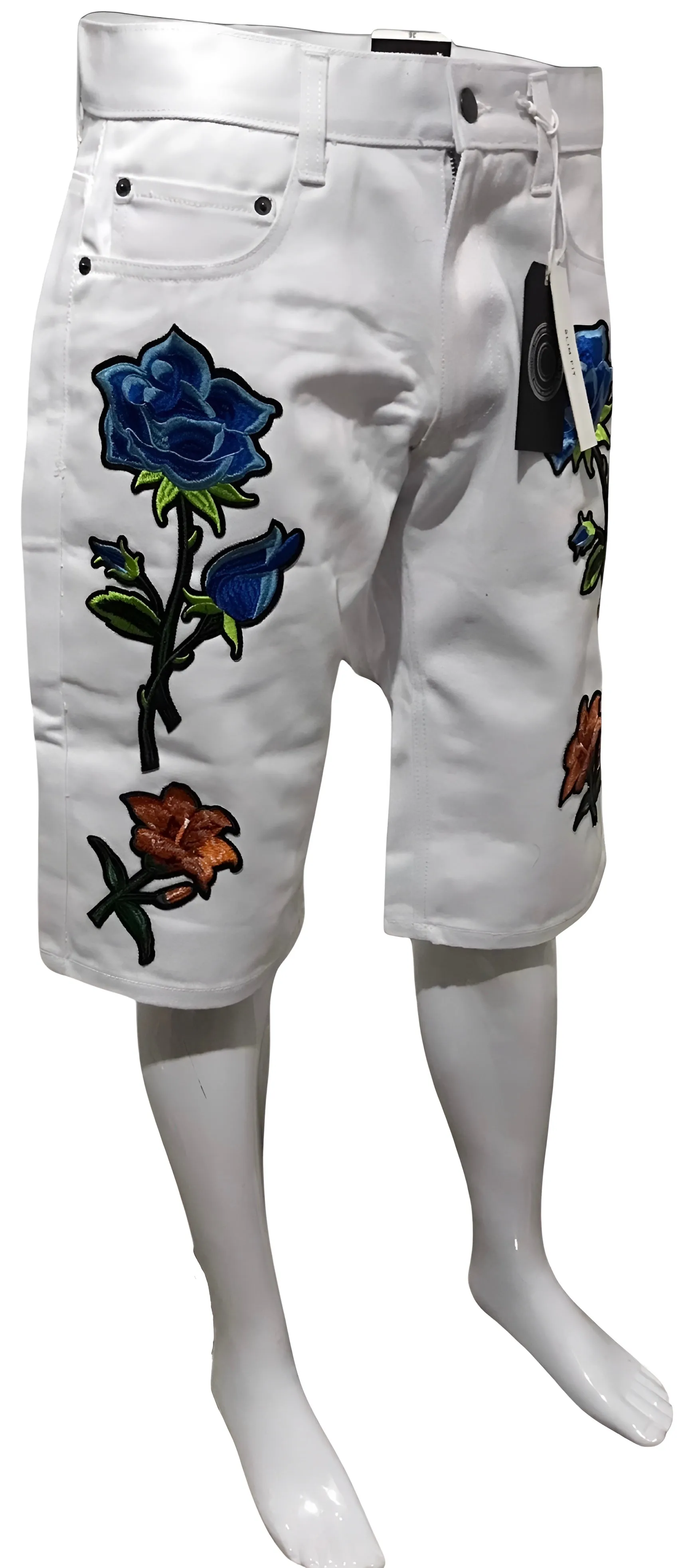 ^MAXI MILIAN^ (WHITE) ~FLORAL~ DENIM SHORTS (SLIM FIT) (EMBROIDERED)