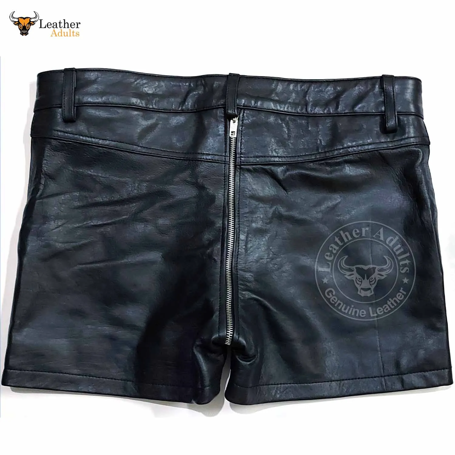 Mens 100% Genuine Leather Sexy Two Pockets Black Shorts With Rear Zip