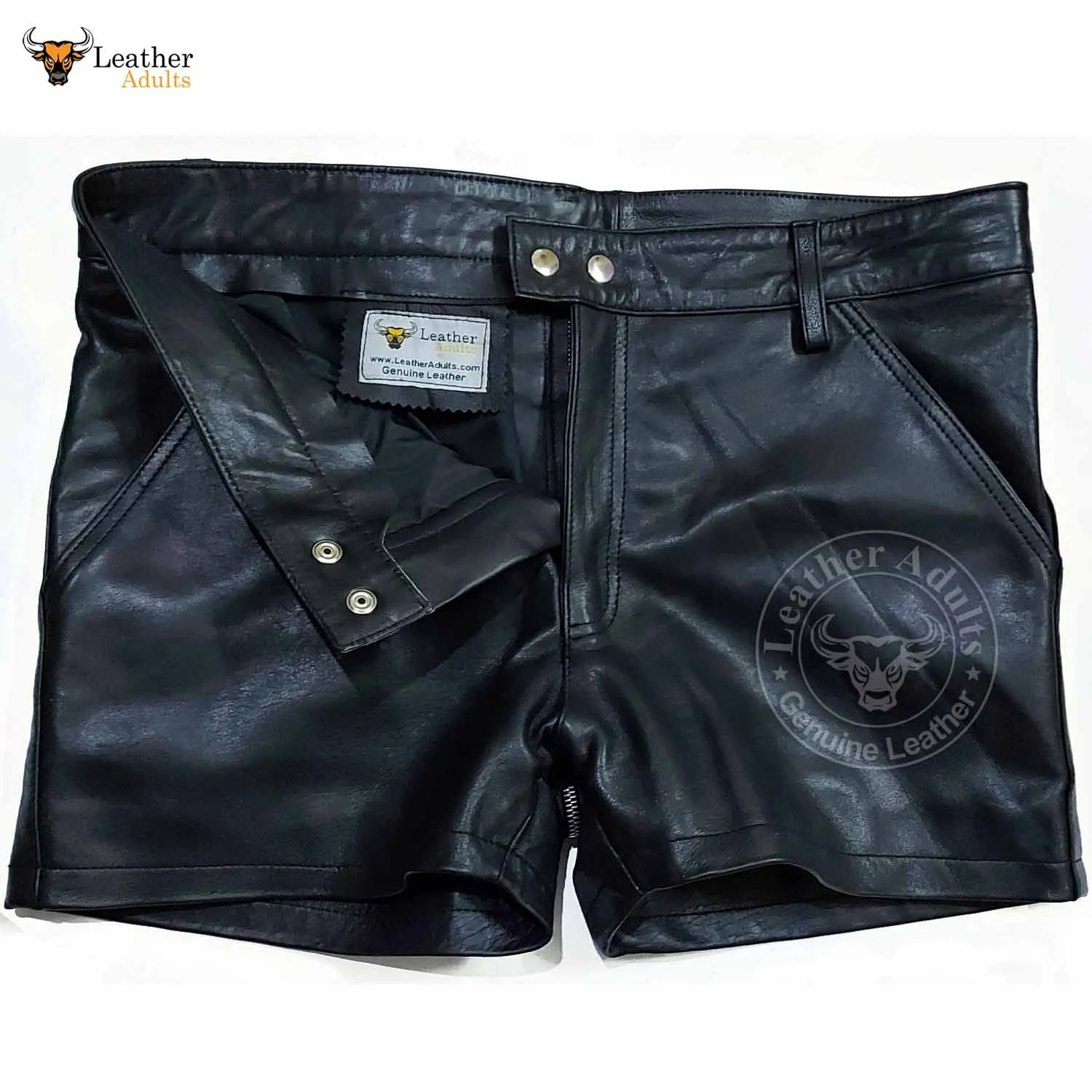 Mens 100% Genuine Leather Sexy Two Pockets Black Shorts With Rear Zip