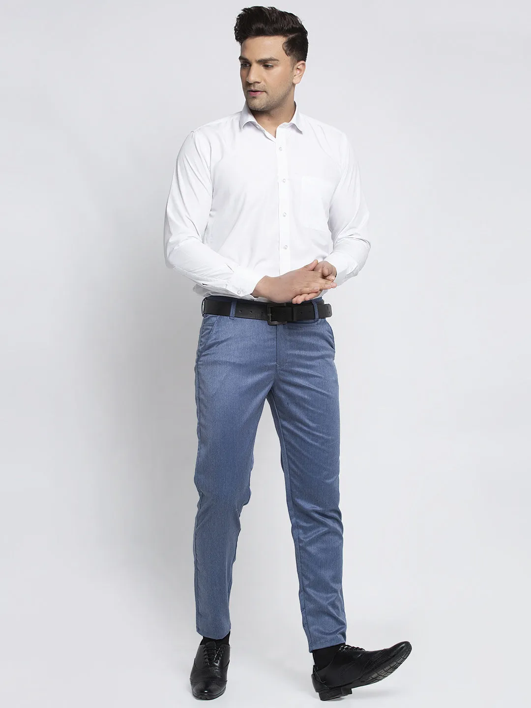 Men's Blue Cotton Solid Formal Trousers ( FGP 265Indigo ) - Jainish