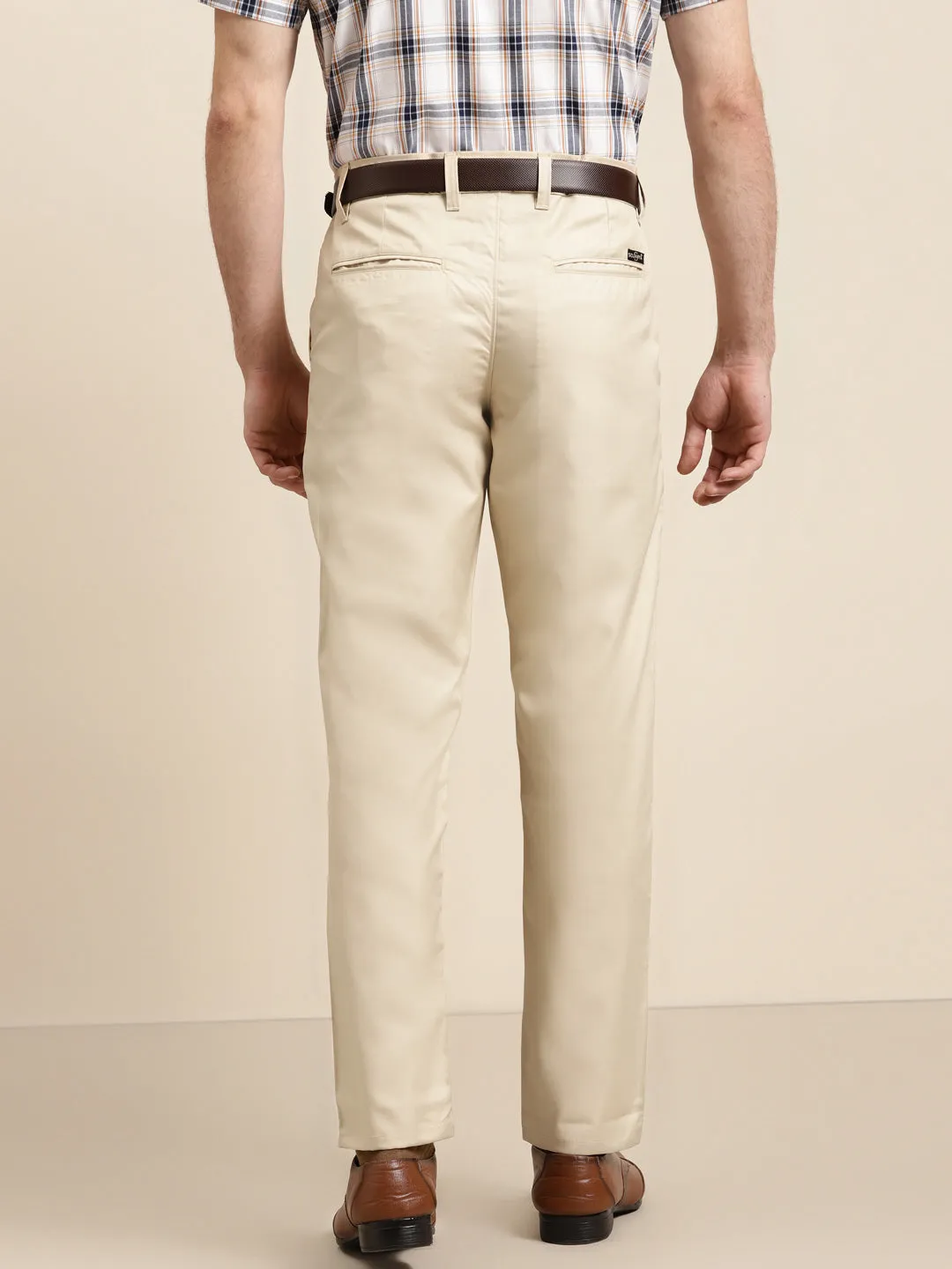 Men's Cotton Blend Beige Solid Trouser - Sojanya