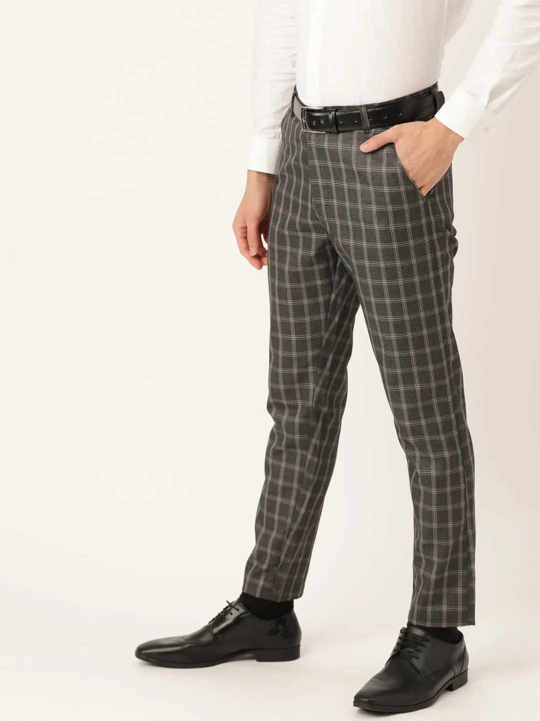 Men's Cotton Blend Charcoal Grey & Grey Checked Formal Trousers - Sojanya