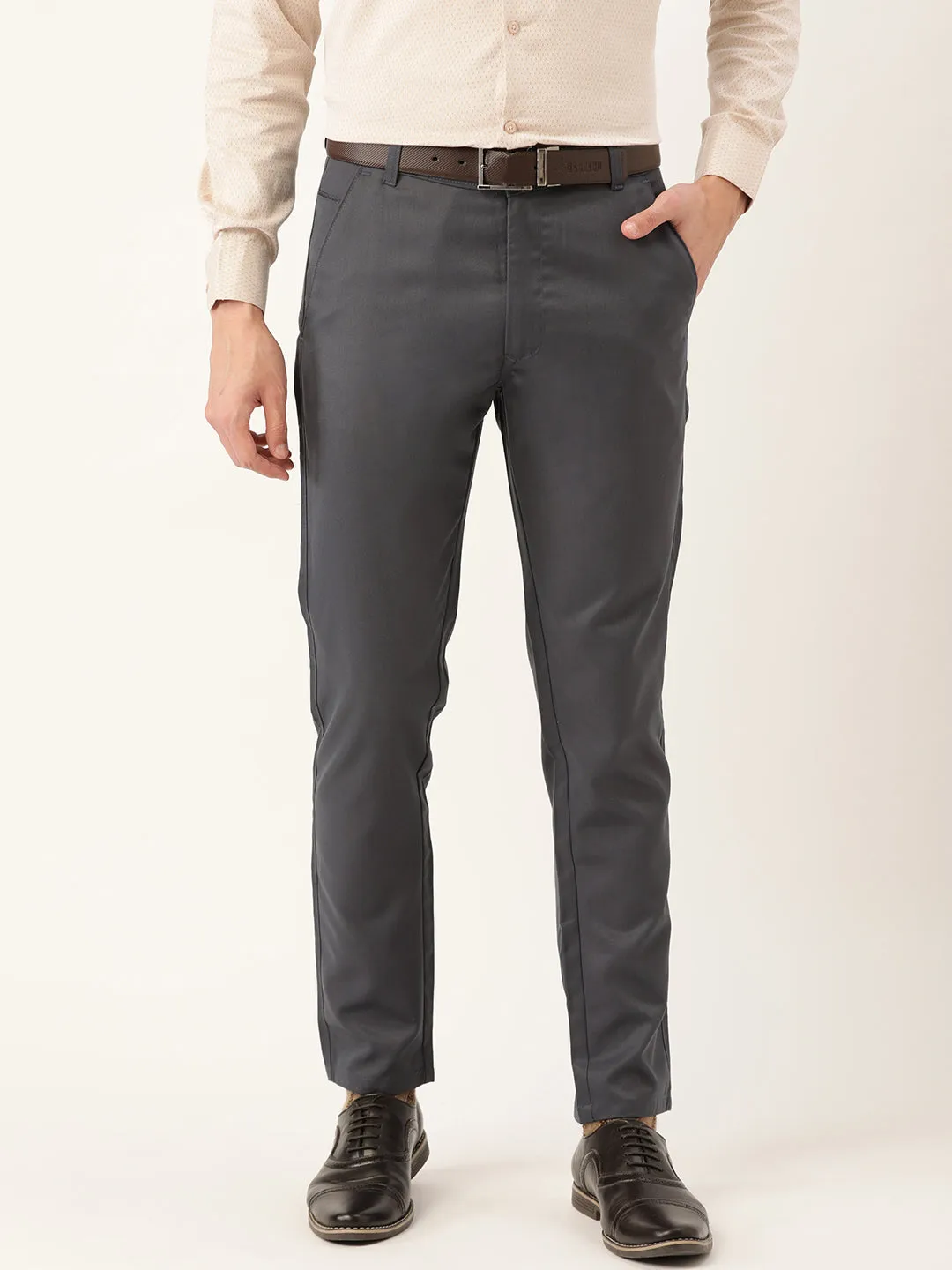 Men's Cotton Blend Charcoal Grey Solid Formal Trousers - Sojanya