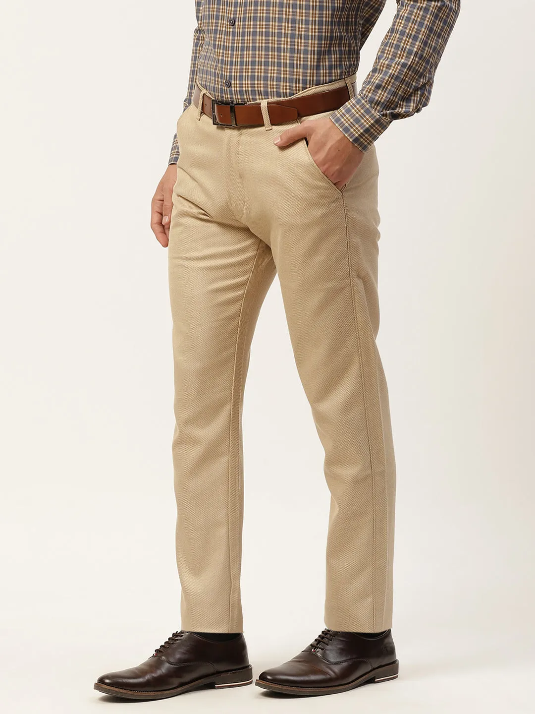 Men's Cotton Blend Khaki & Off White Self Design Formal Trousers - Sojanya