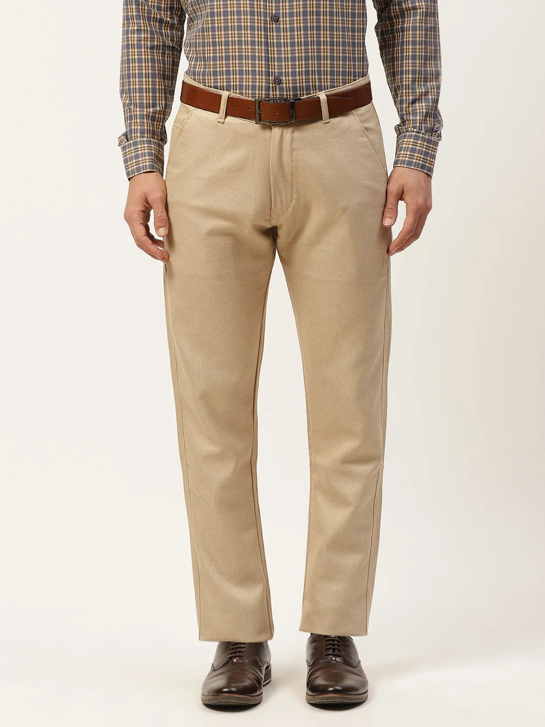 Men's Cotton Blend Khaki & Off White Self Design Formal Trousers - Sojanya