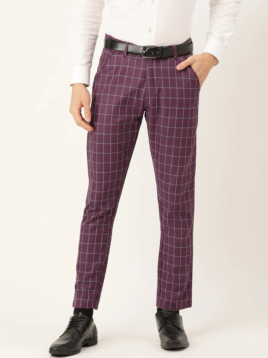 Men's Cotton Blend Purple & Blue Checked Formal Trousers - Sojanya