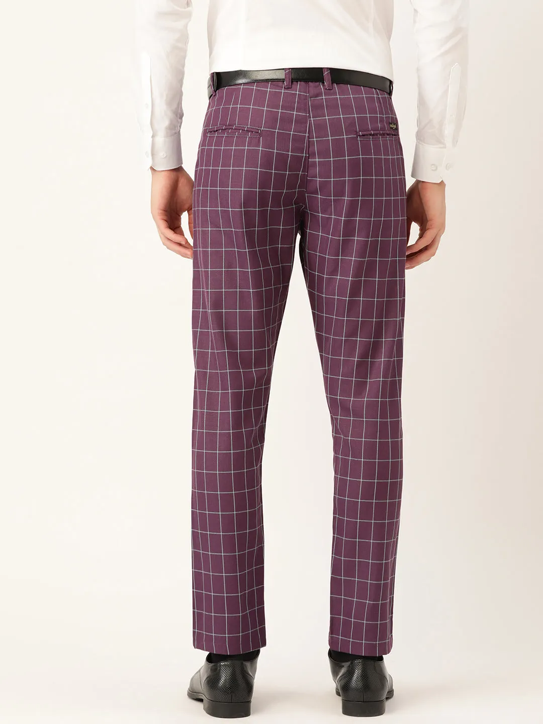 Men's Cotton Blend Purple & Blue Checked Formal Trousers - Sojanya