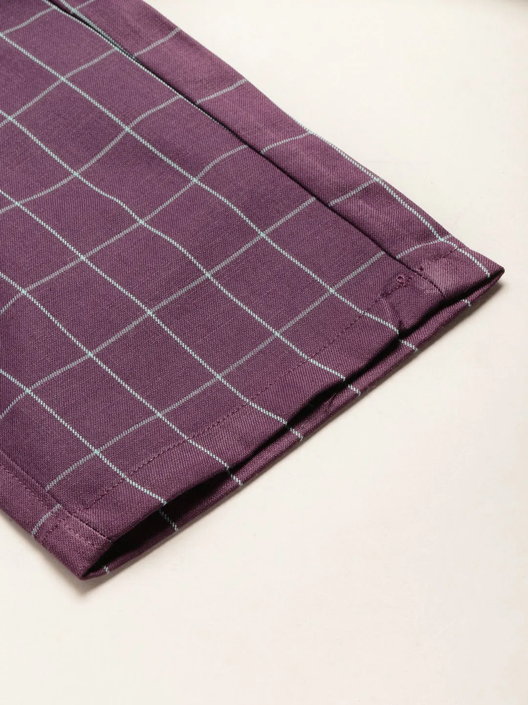 Men's Cotton Blend Purple & Blue Checked Formal Trousers - Sojanya