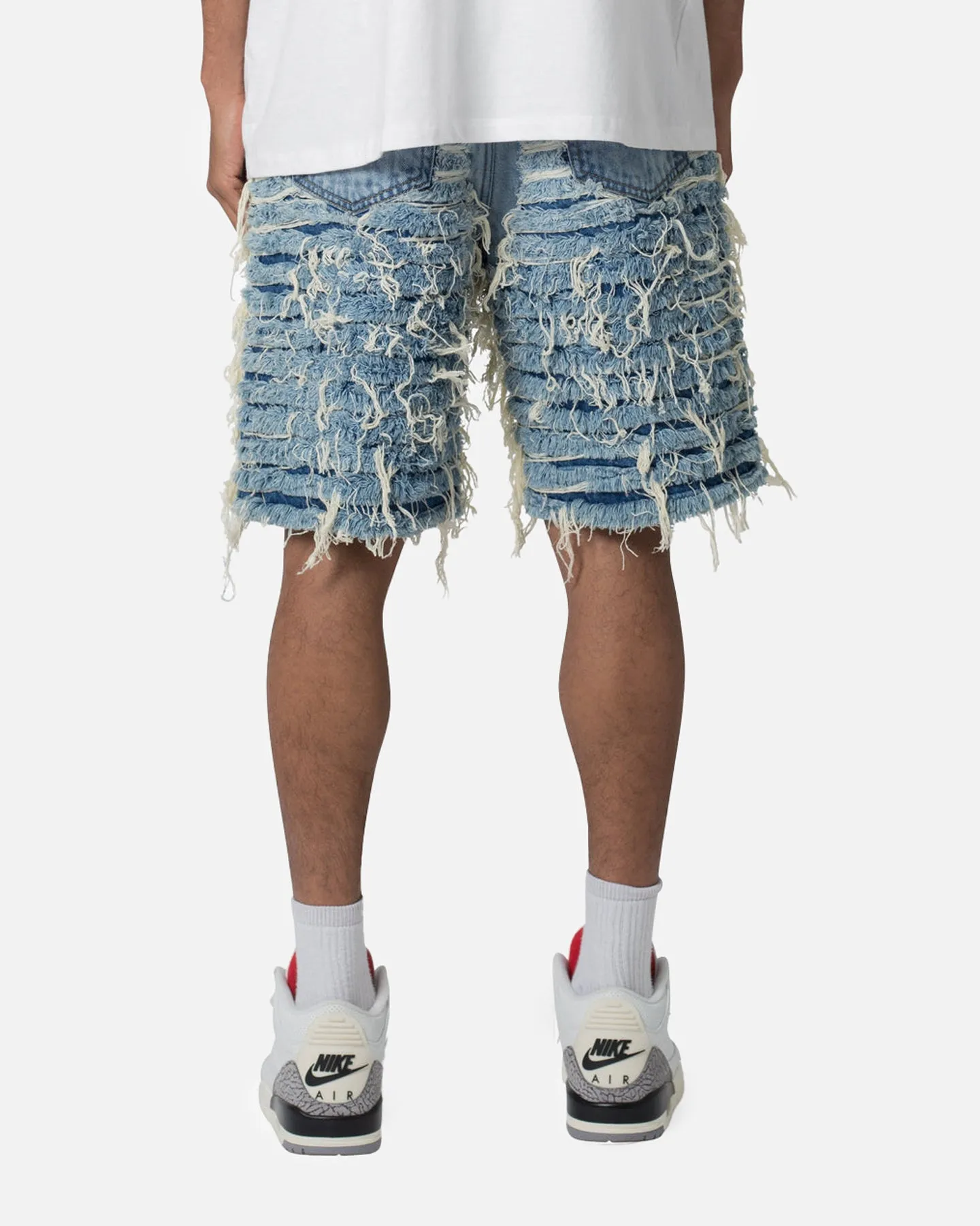 MNML All Over Frayed Denim Shorts Blue