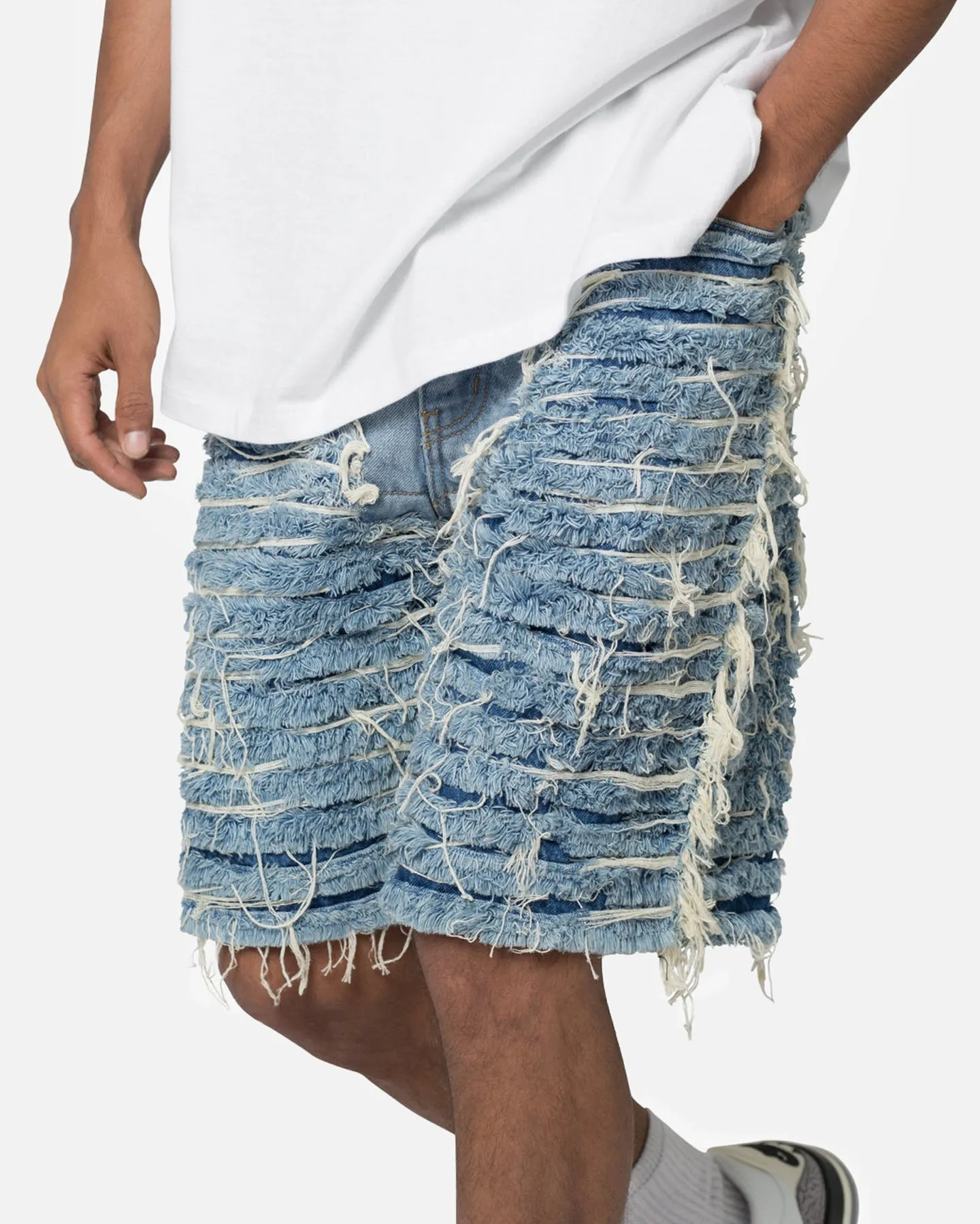 MNML All Over Frayed Denim Shorts Blue