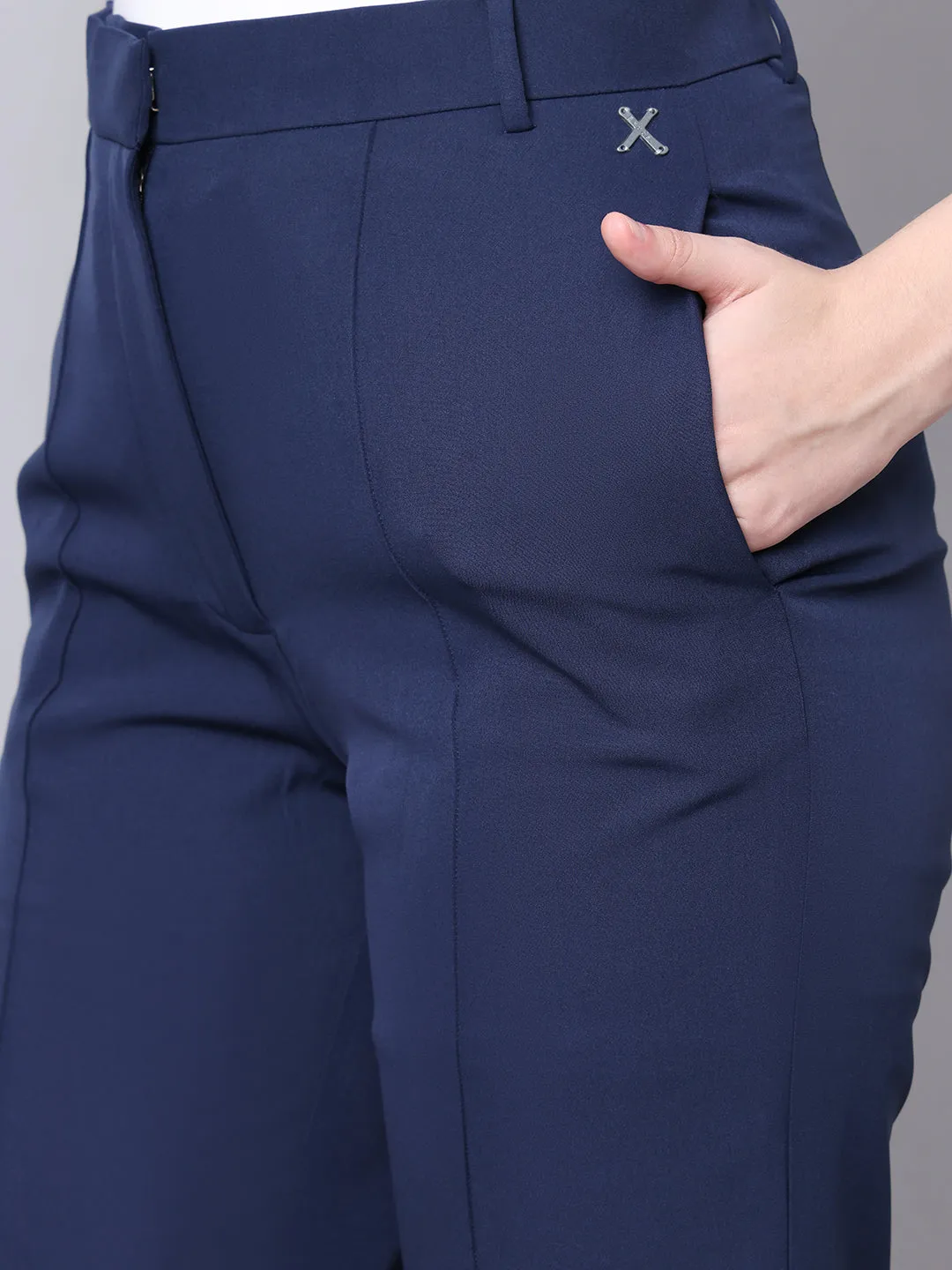 Navy Blue Blended Timeless Threads Straight Fit Trousers