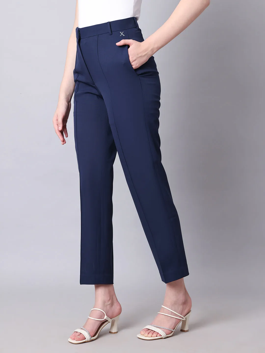 Navy Blue Blended Timeless Threads Straight Fit Trousers