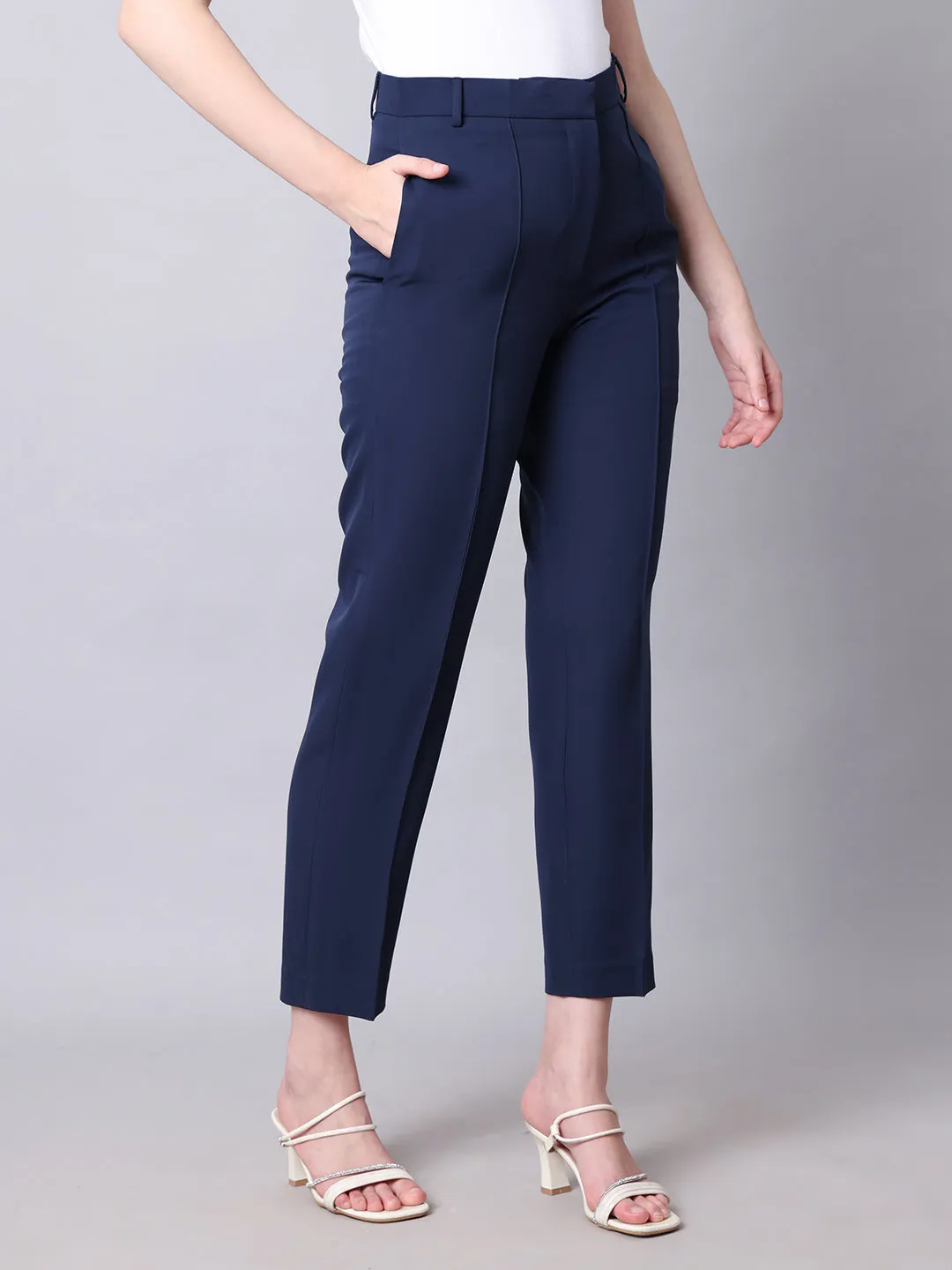 Navy Blue Blended Timeless Threads Straight Fit Trousers