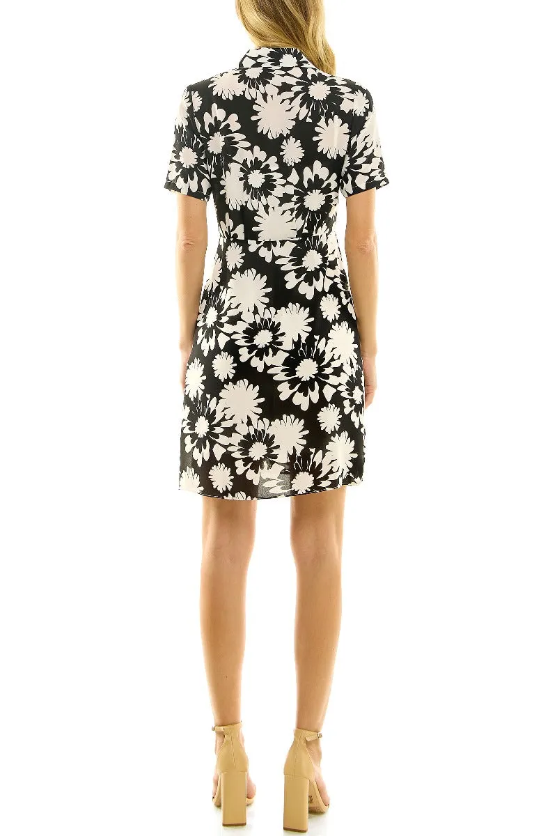 Nicole Miller Collared Short Sleeve Gathered Front Floral Print Crepe Chiffon Dress