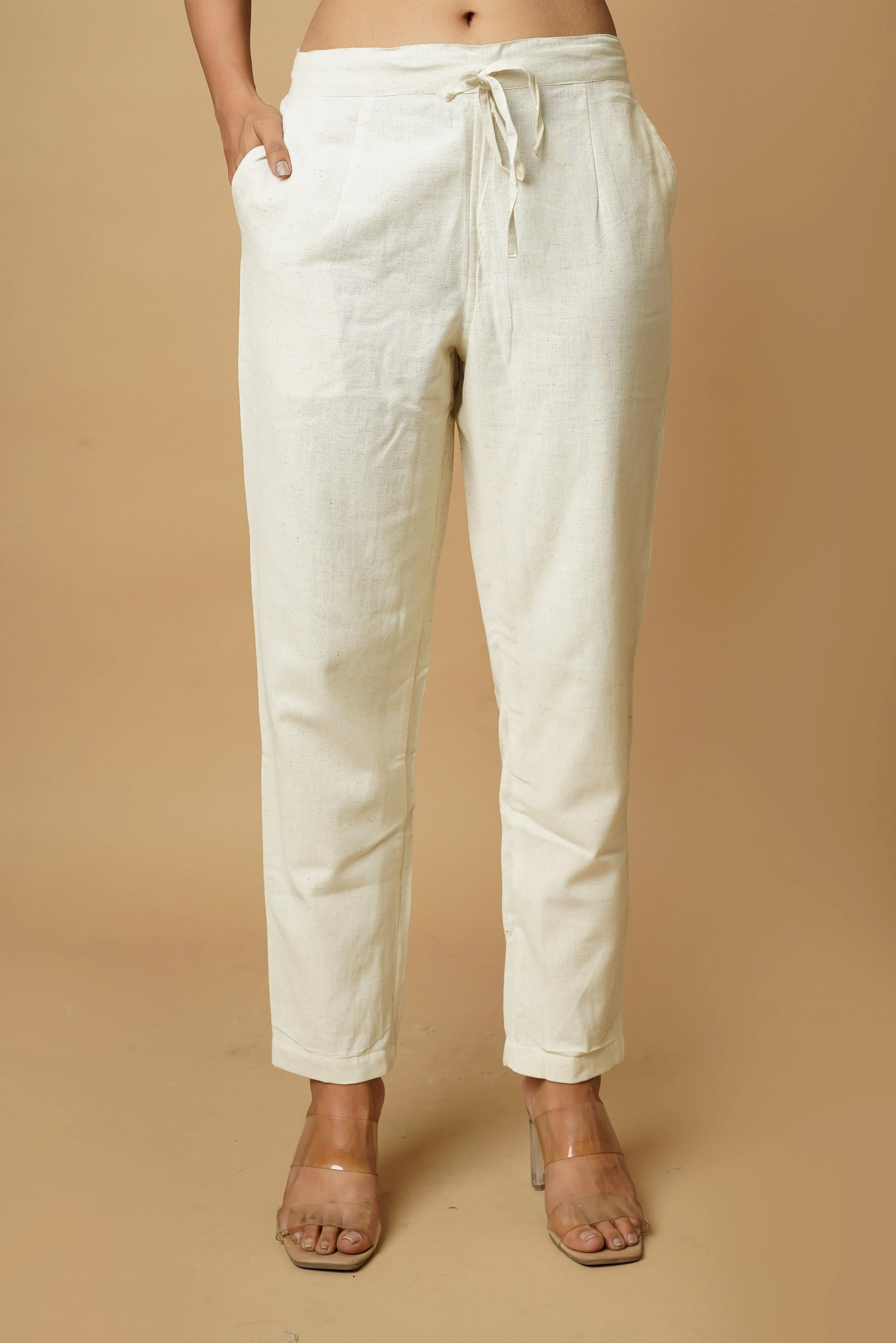 Off White Cotton Crafted Women's Trousers