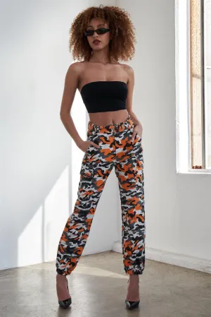 Orange Camo Belted High Waist Cargo Pants