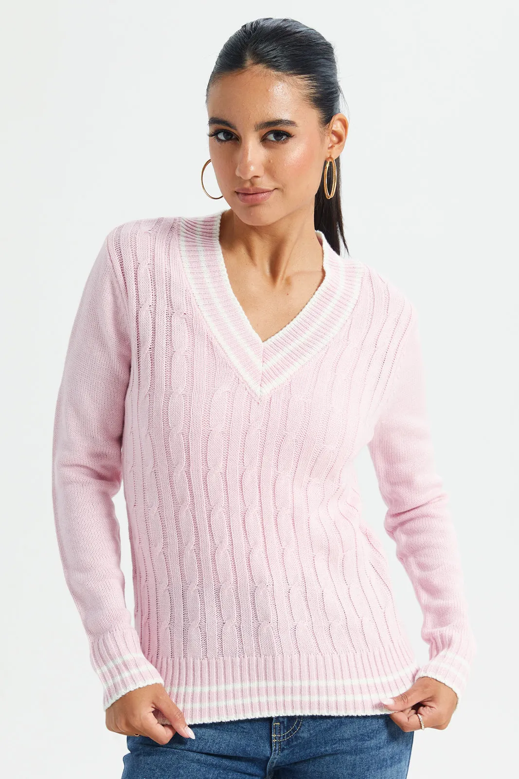 Pink & White Stripe Cable Knit Sweater