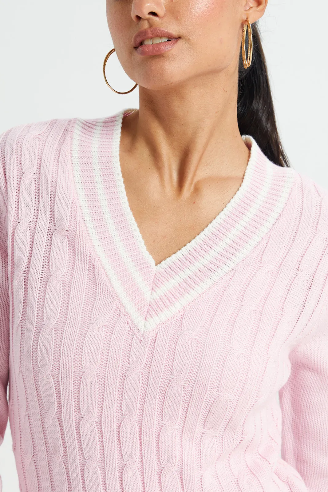 Pink & White Stripe Cable Knit Sweater