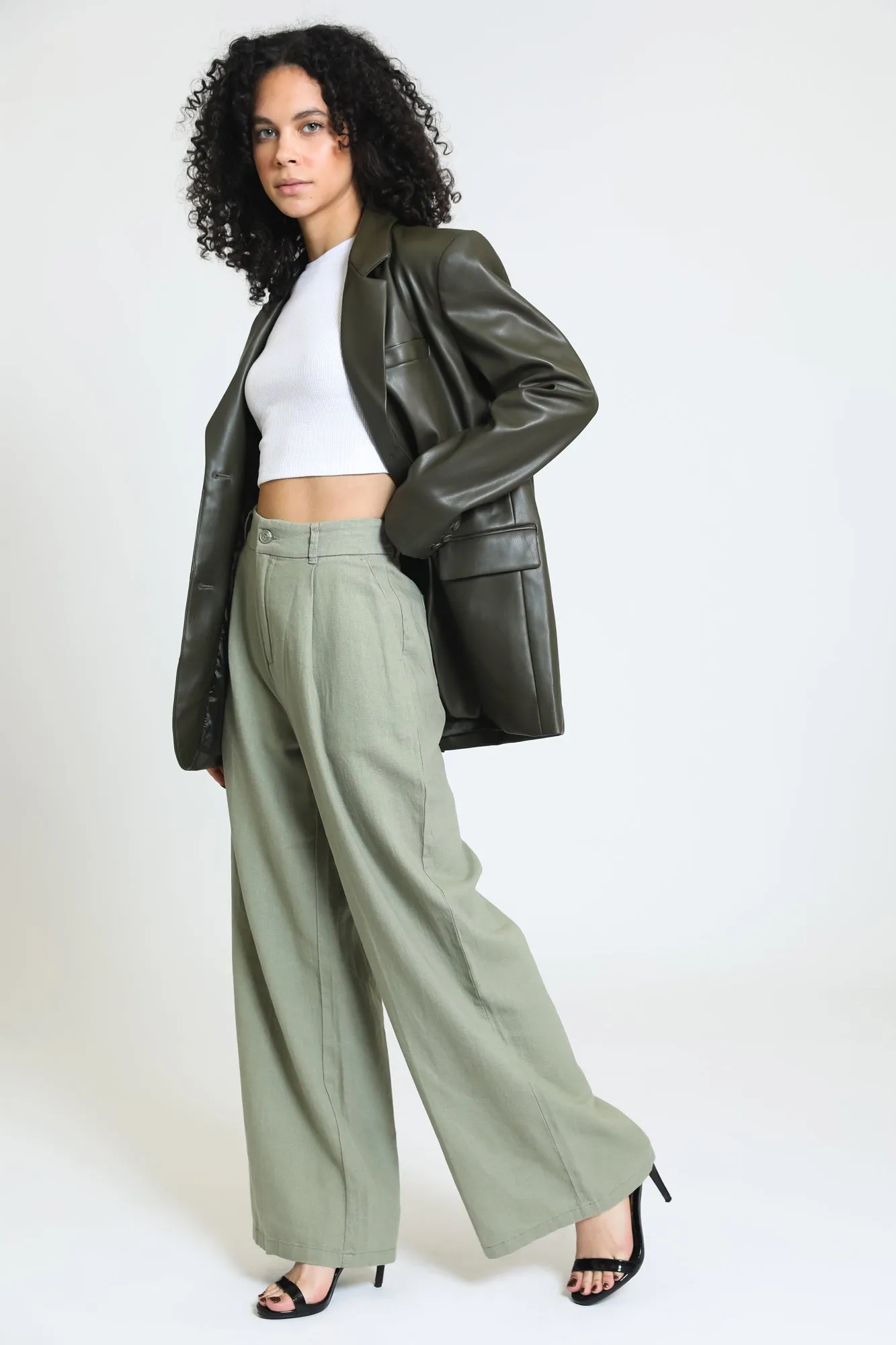 PLEATED WIDE LEG TROUSER - SAGE LEAF