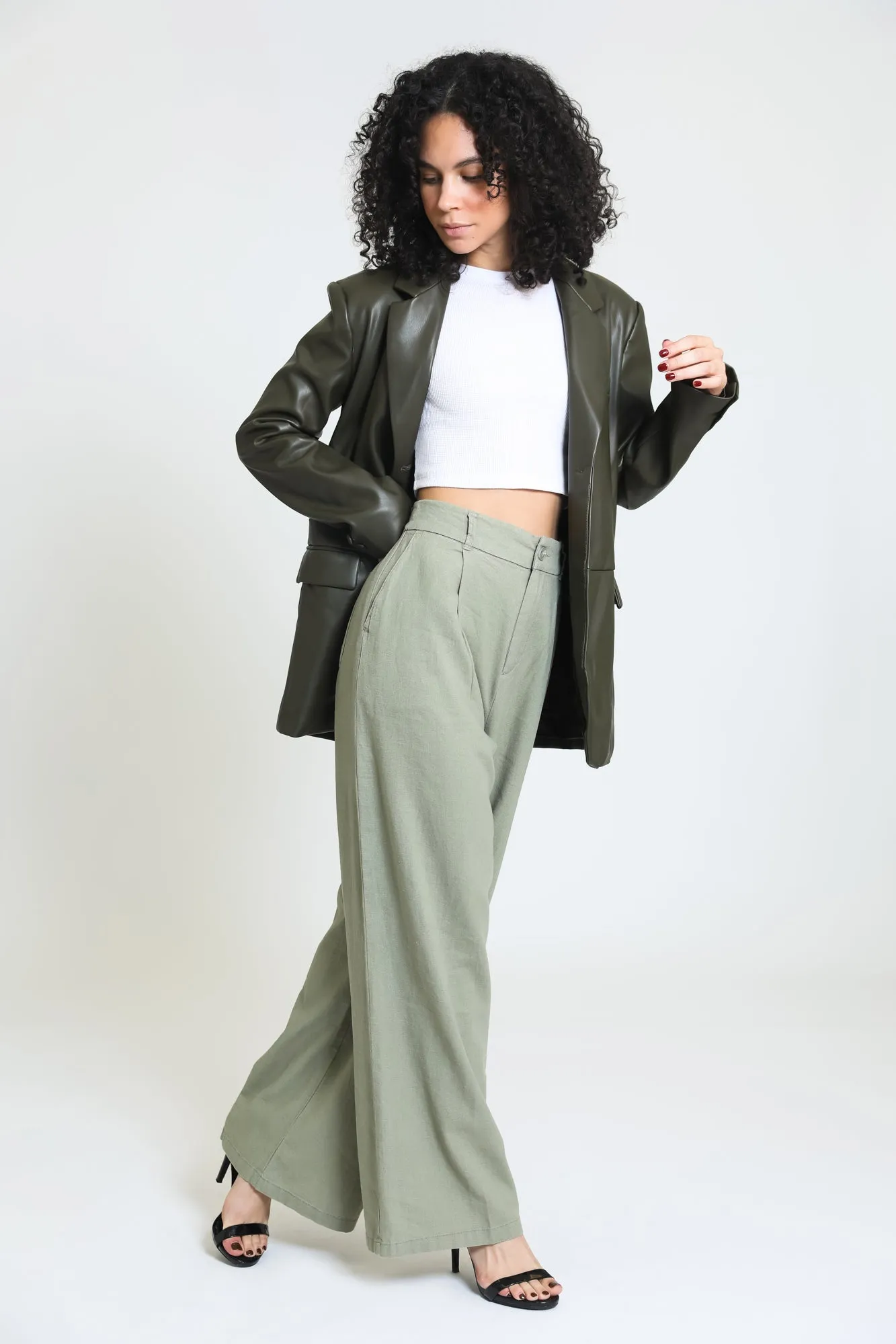 PLEATED WIDE LEG TROUSER - SAGE LEAF