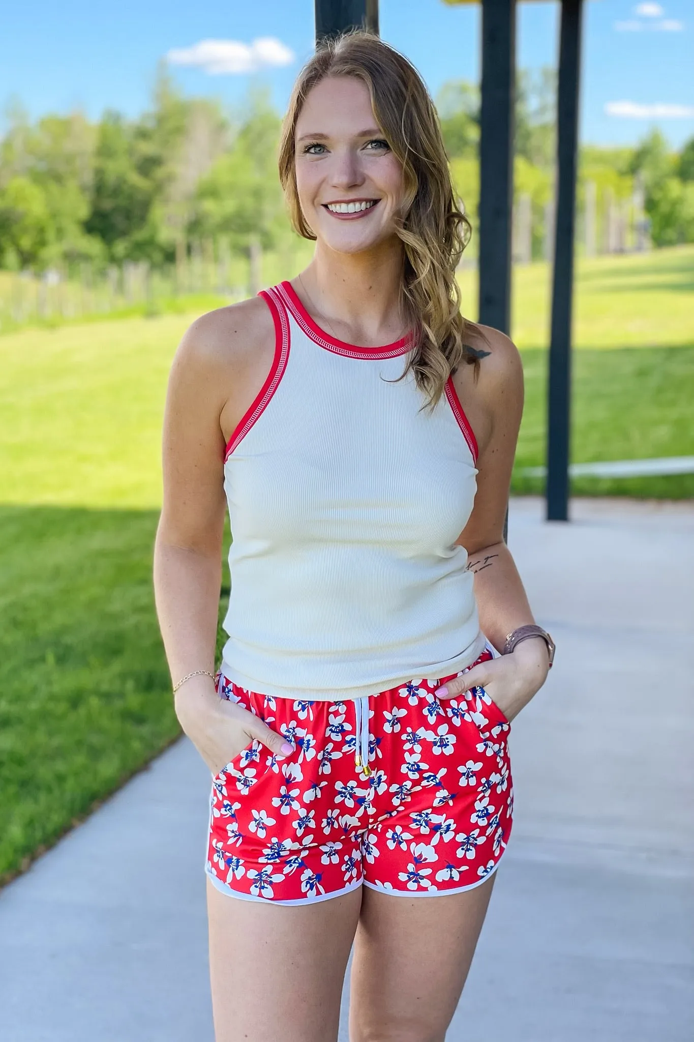 Red Floral Drawstring Short