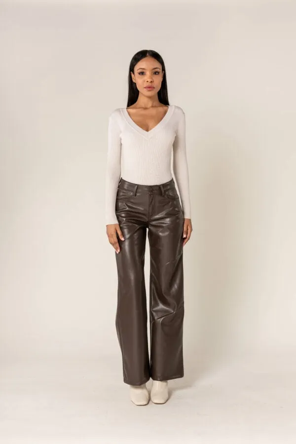 SableFlare Faux Leather Trousers with Zips – Brown