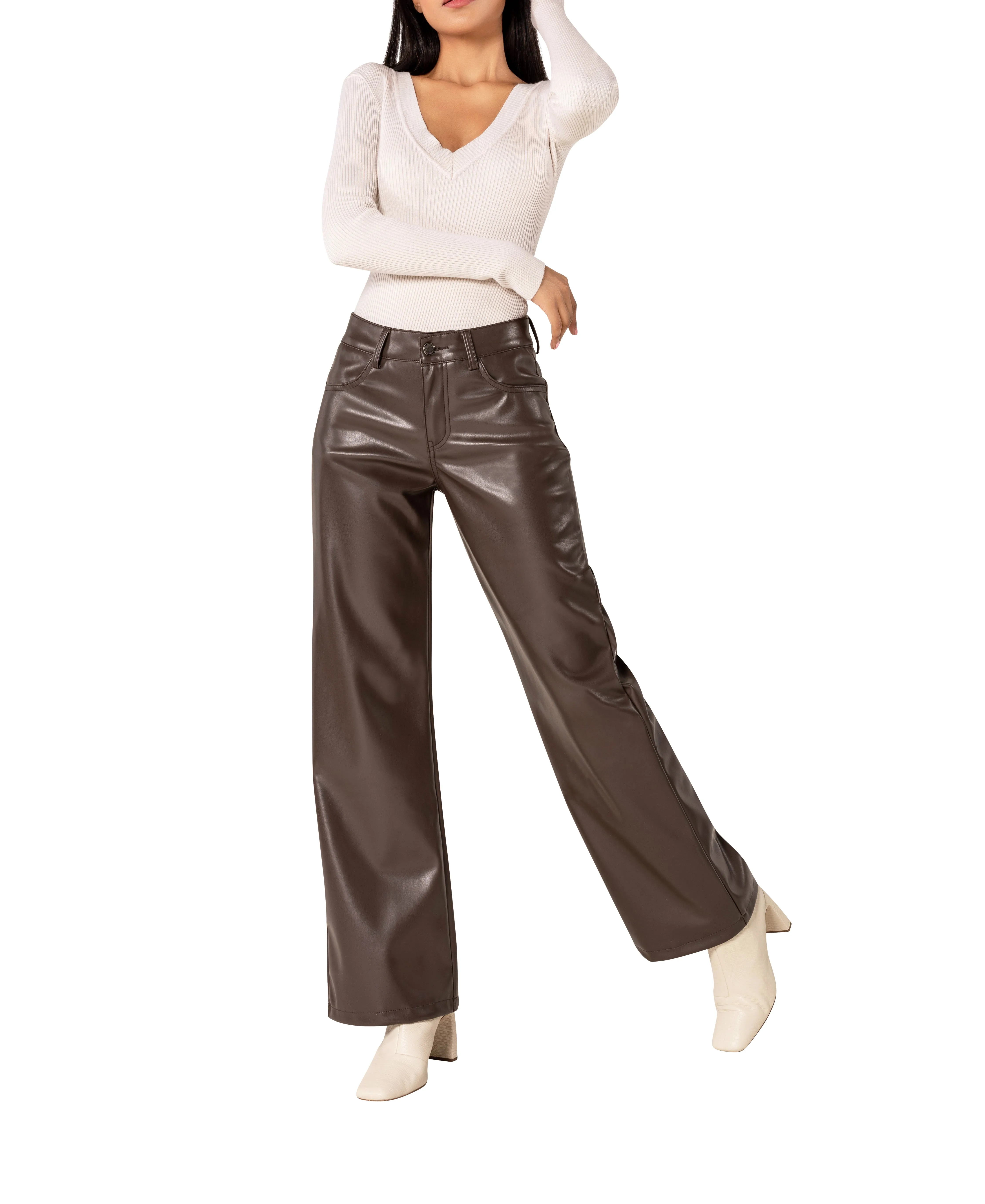 SableFlare Faux Leather Trousers with Zips – Brown