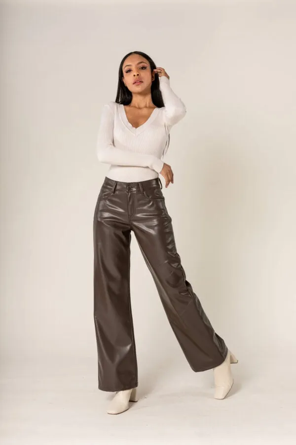 SableFlare Faux Leather Trousers with Zips – Brown