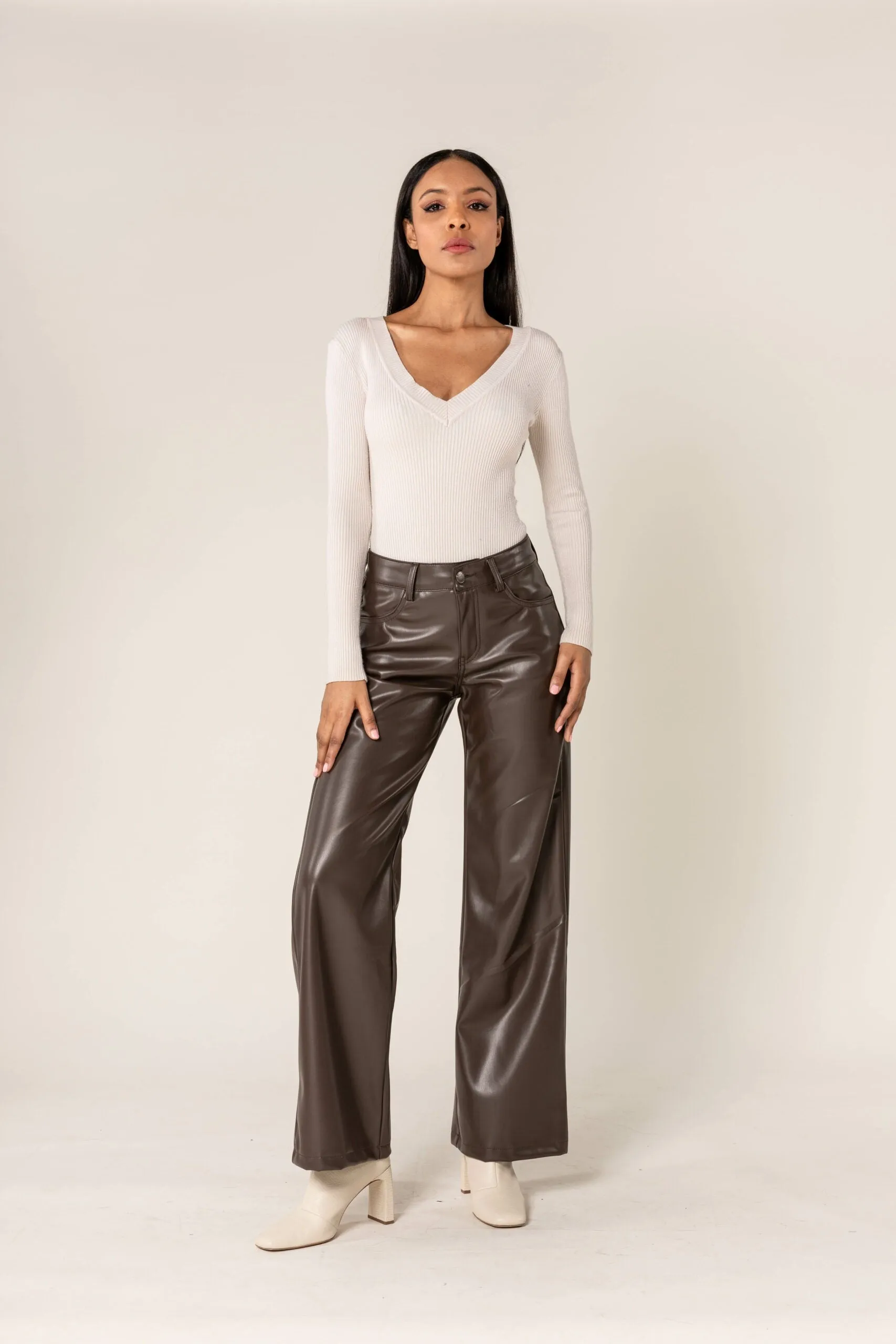 SableFlare Faux Leather Trousers with Zips – Brown