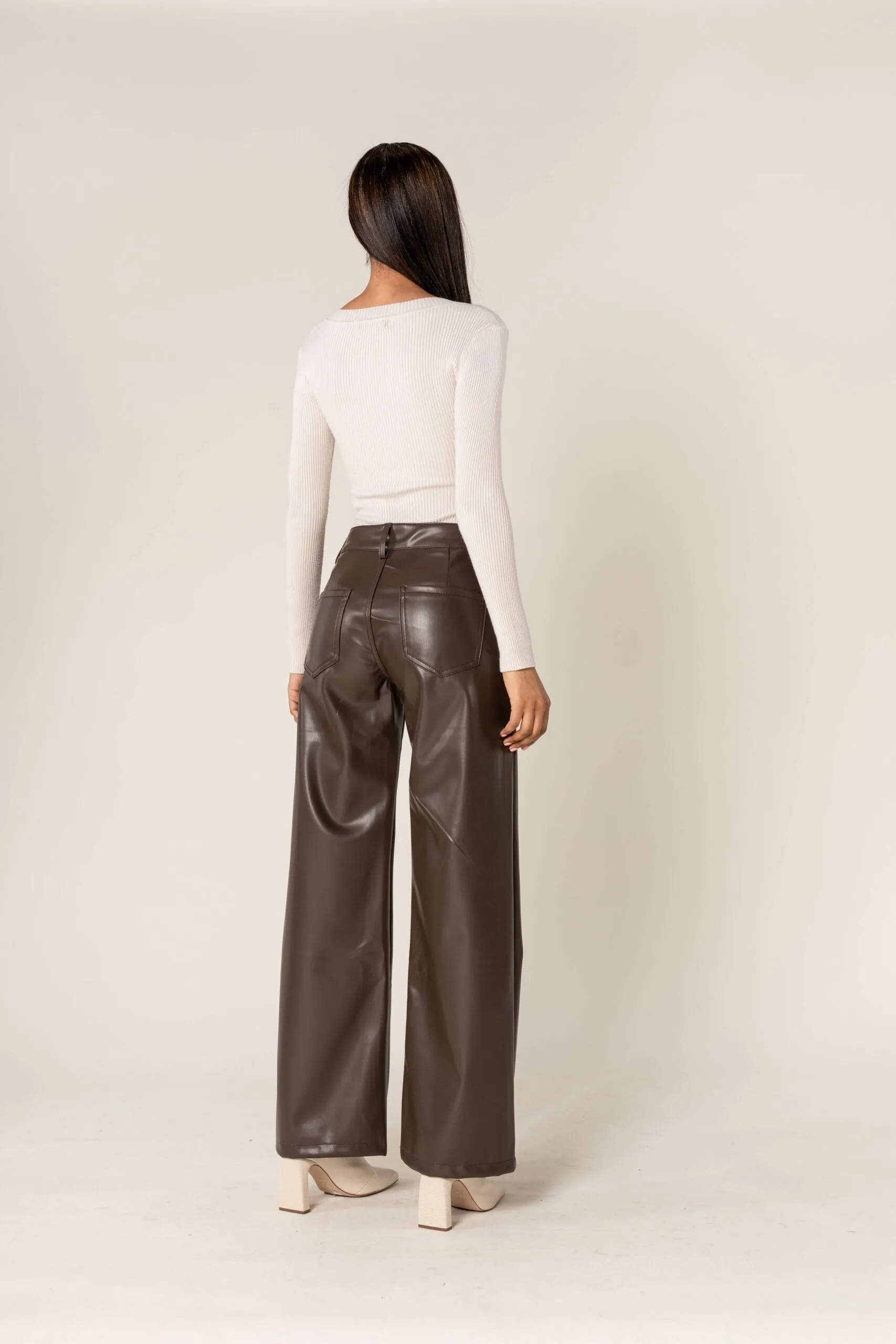 SableFlare Faux Leather Trousers with Zips – Brown