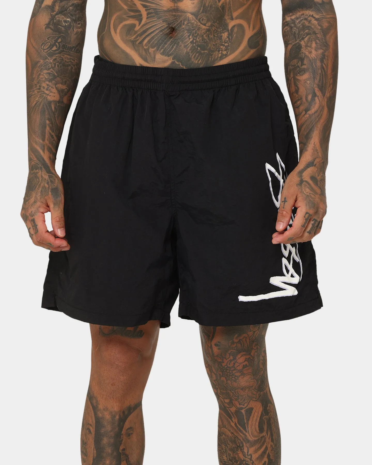 Stussy Shadow Script Long Beach Shorts Black