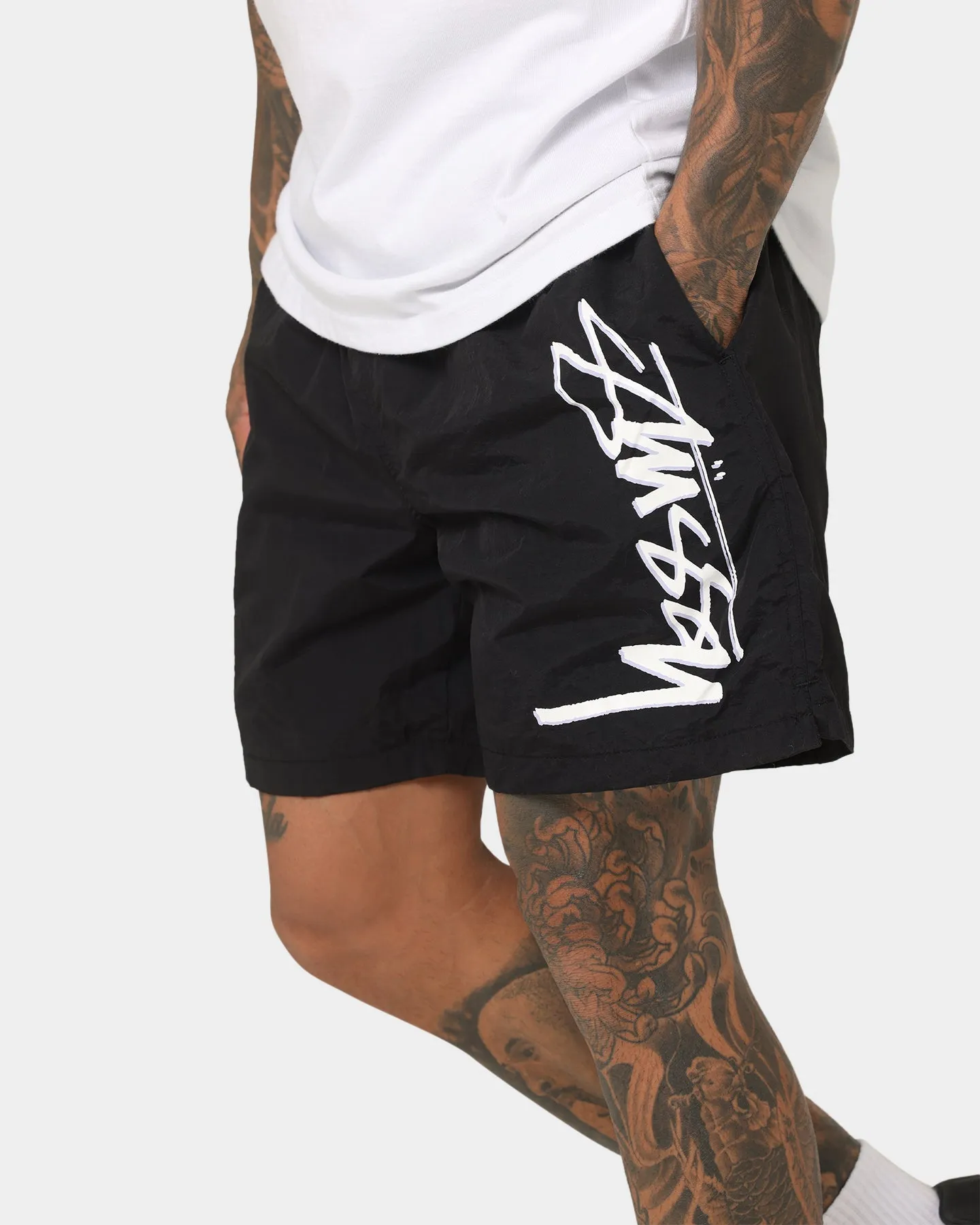 Stussy Shadow Script Long Beach Shorts Black