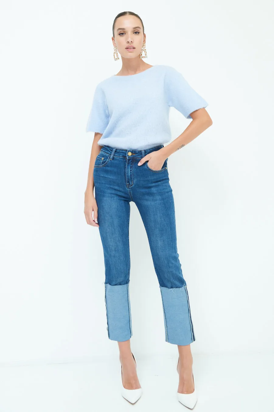 Trendy two-tone cropped jeans wholesale