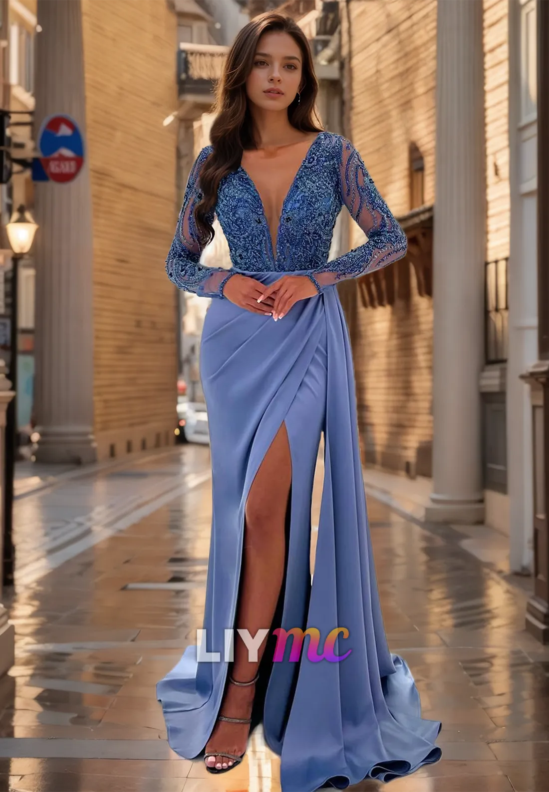 V-Neck Long Sleeves Appliques Ruched Side Slit Sheath Formal Dress