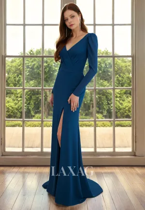 V-Neck Long Sleeves Sleek Satin Mother of the Bride Dress with Slit and Train