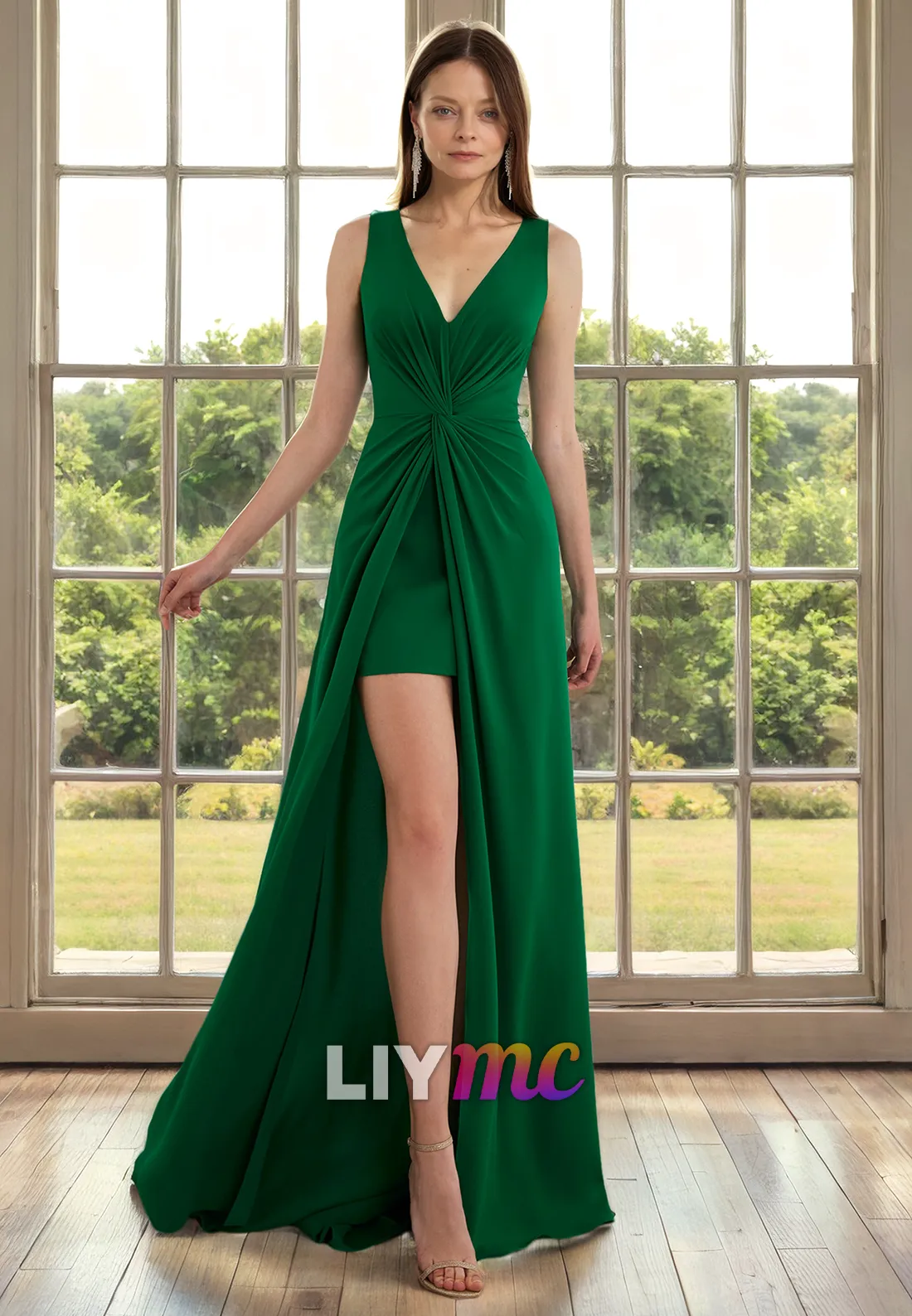 V-Neck Sleeveless High Slit Ruched Long Mother of Bride Dress Cocktail Dress