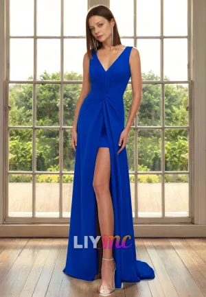 V-Neck Sleeveless High Slit Ruched Long Mother of Bride Dress Cocktail Dress