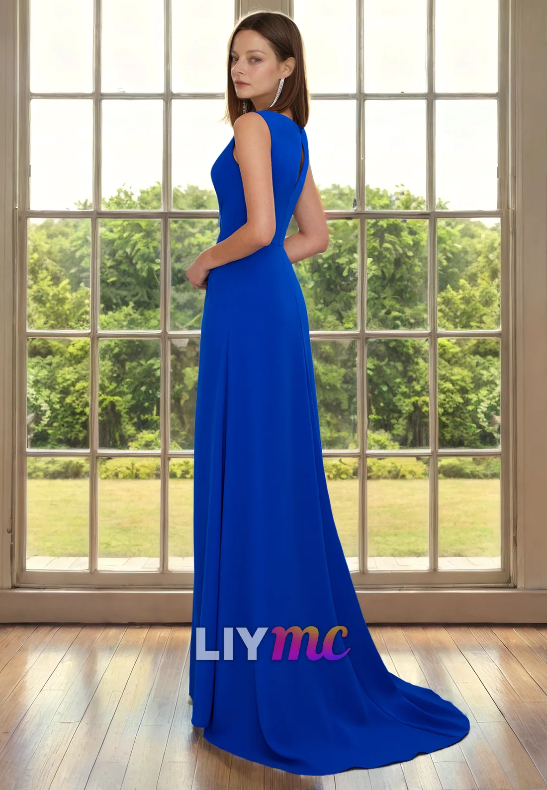 V-Neck Sleeveless High Slit Ruched Long Mother of Bride Dress Cocktail Dress