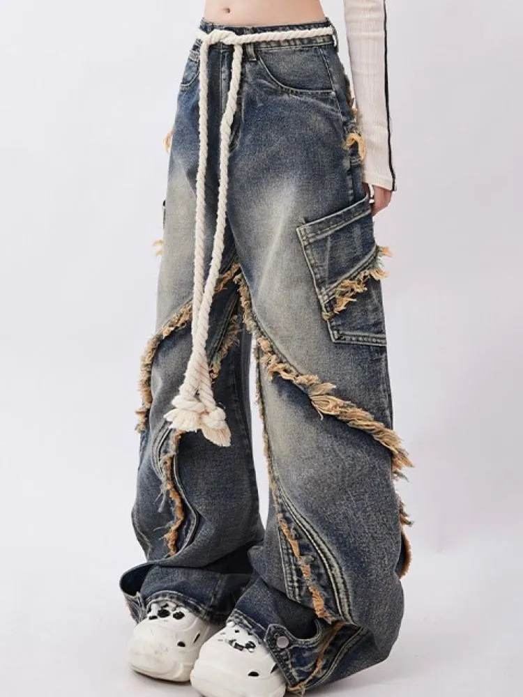 Wenkouban Raw Edge Design Patchwork Baggy Washed Jeans