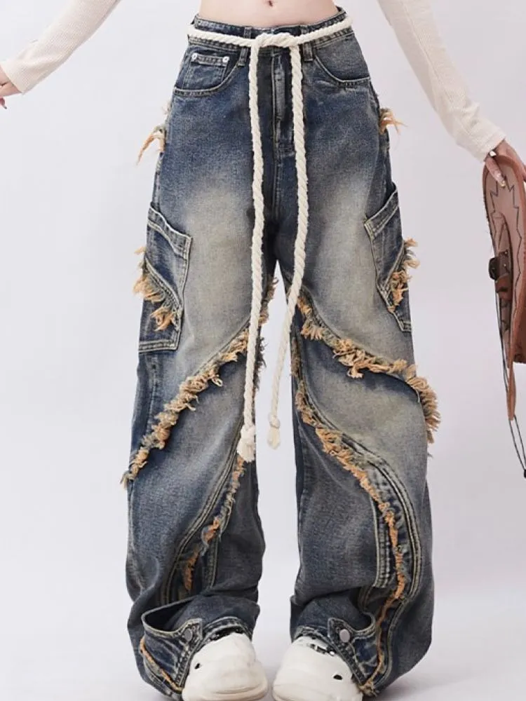 Wenkouban Raw Edge Design Patchwork Baggy Washed Jeans